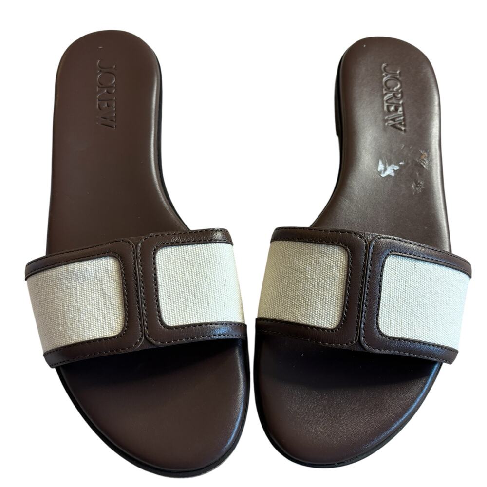 J.Crew Brown Leather Slide Sandals Ivory Strap Minimalist Summer Flat Size 8.5